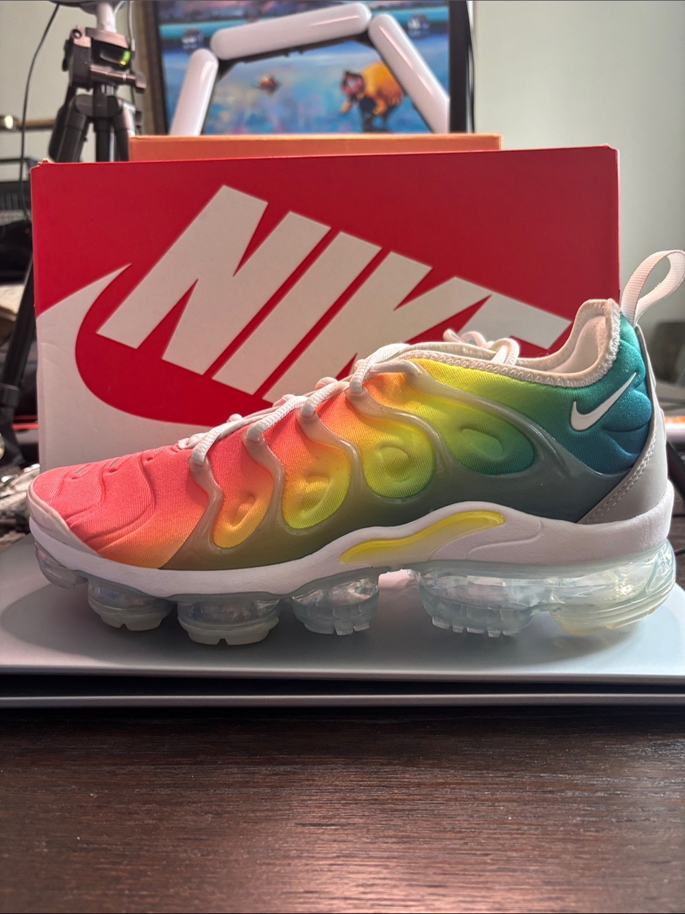Nike Kids Gradient Rainbow Air VaporMax Sneakers - Coral/Yellow/Teal